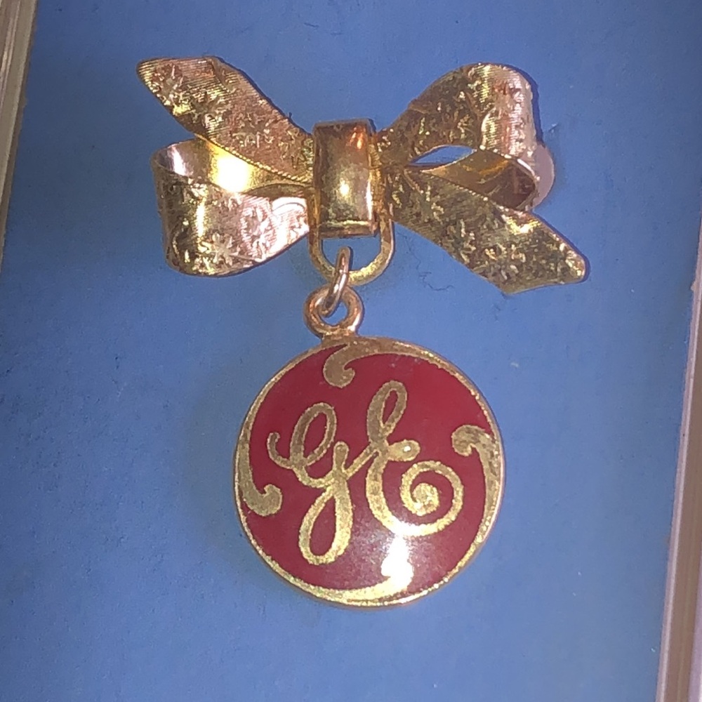 Gold Tone GE Bow Brooch with Red Enamel Monogram Charm